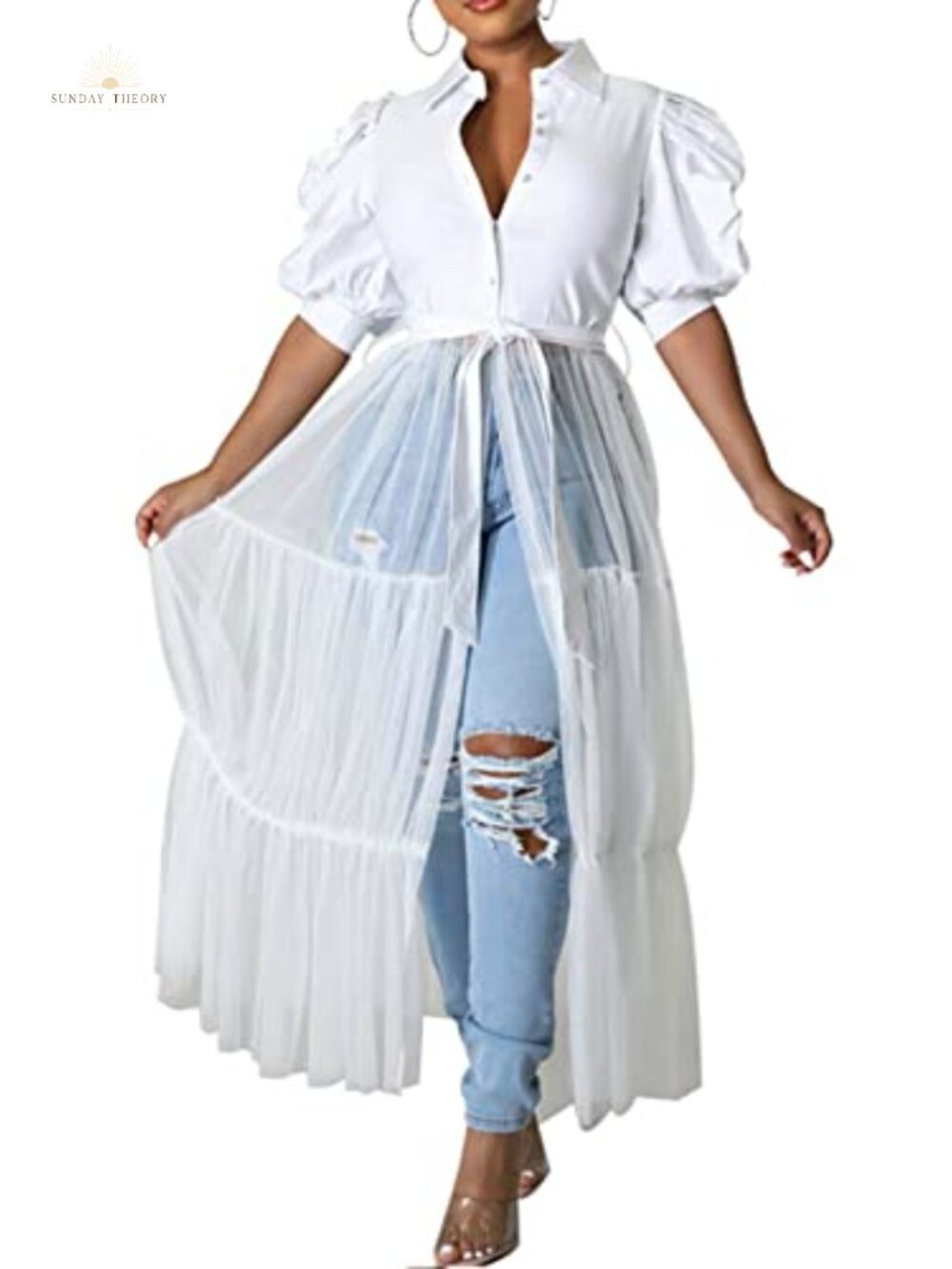 Women's Sheer Mesh Button Down Shirt Dress Pleated Slim Fit
